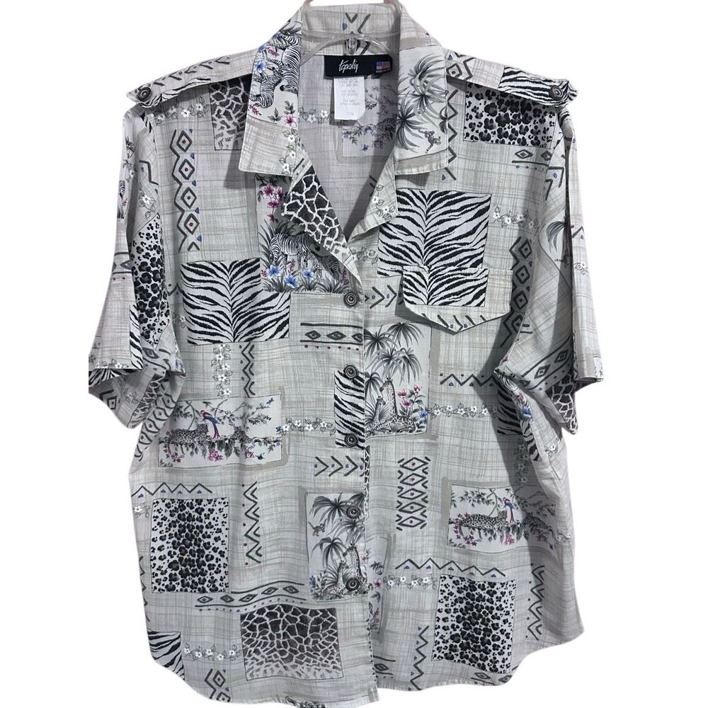 Tapestry VTG Safari Animal Print Women’s Short Sleeve Button Down Top Size 14/16